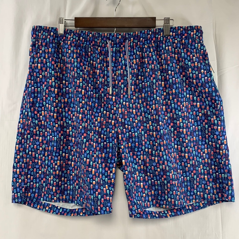 Peter Millar Swim Trunks Mens XL Navy‎ Blue Cocktail Glass Print Seaside Board